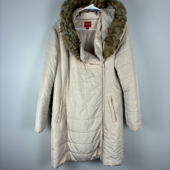 GUESS Hooded Puffer Coat Faux Fur Hood Women’s L Tan Jacket Insulated Y2K Winter - Picture 14 of 14